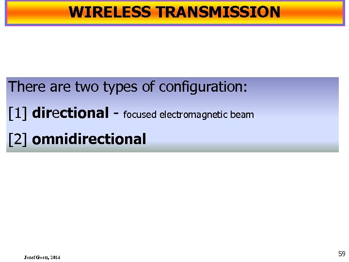 WIRELESS TRANSMISSION There are two types of configuration: [1] directional focused electromagnetic beam [2]