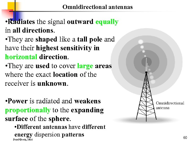 Omnidirectional antennas • Radiates the signal outward equally in all directions. • They are