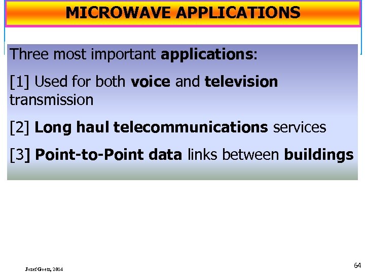 MICROWAVE APPLICATIONS Three most important applications: [1] Used for both voice and television transmission