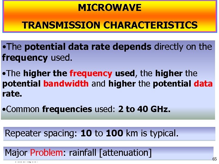 MICROWAVE TRANSMISSION CHARACTERISTICS • The potential data rate depends directly on the frequency used.