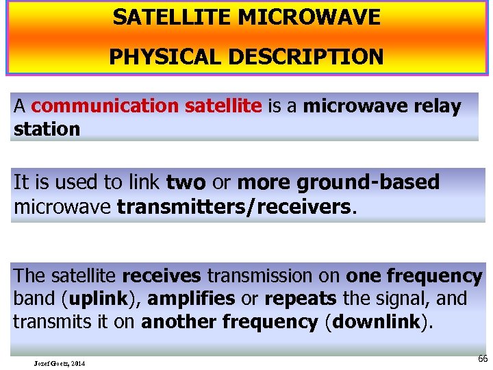 SATELLITE MICROWAVE PHYSICAL DESCRIPTION A communication satellite is a microwave relay station It is