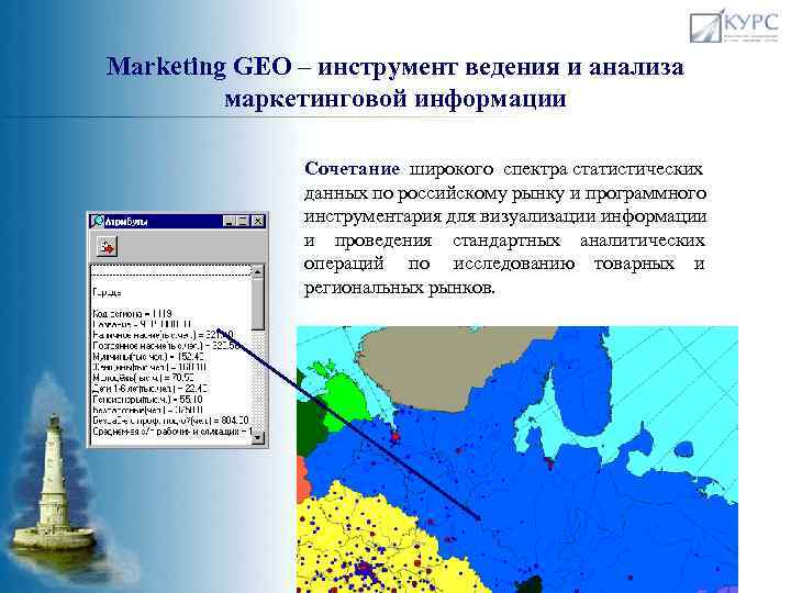 Marketing GEO – инструмент ведения и анализа маркетинговой информации Сочетание широкого спектра статистических данных