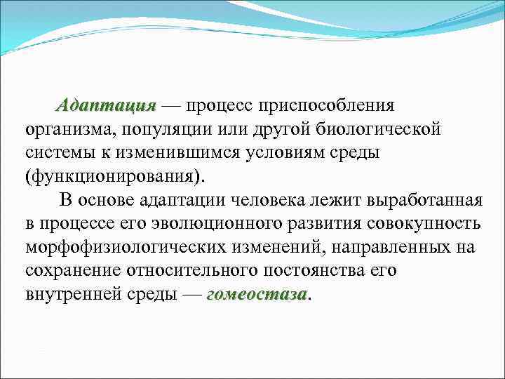  Адаптация — процесс приспособления Адаптация организма, популяции или другой биологической системы к изменившимся