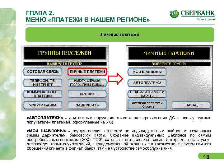 ГЛАВА 2. МЕНЮ «ПЛАТЕЖИ В НАШЕМ РЕГИОНЕ» Личные платежи ИСТОРИЯ ПЛАТЕЖЕЙ ПО КАРТЕ «АВТОПЛАТЕЖИ»
