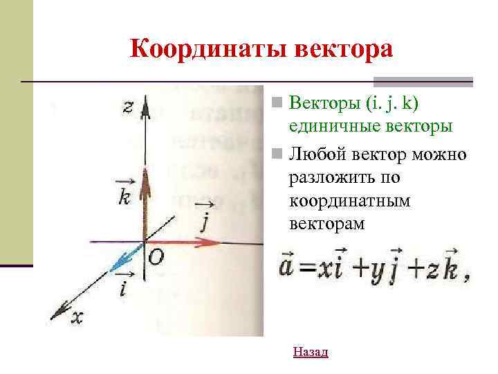 Координаты вектора n Векторы (i. j. k) единичные векторы n Любой вектор можно разложить