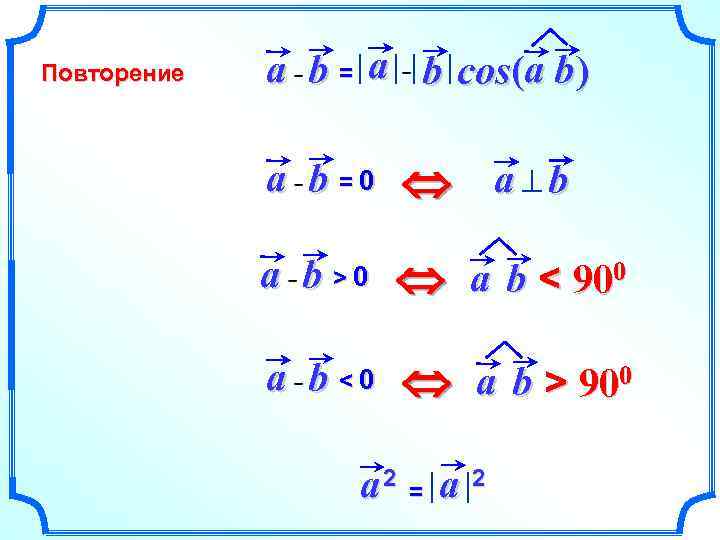 Повторение a b = a b cos(a b ) a b =0 Û a