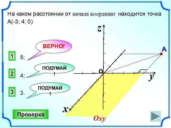 На каком расстоянии от начала координат находится точка А(-3; 4; 0) I z I