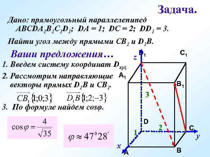 Задача. Дано: прямоугольный параллелепипед АВСDA 1 B 1 C 1 D 1; DA =