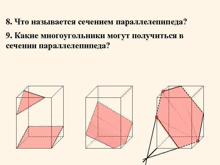 8. Что называется сечением параллелепипеда? 9. Какие многоугольники могут получиться в сечении параллелепипеда? 