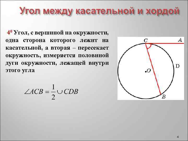 Найти угол касательной. Угол с вершиной на окружности. Угол между касательной и хордой измеряется половиной дуги. Угол касательной к окружности. Вершина угла лежит на окружности.