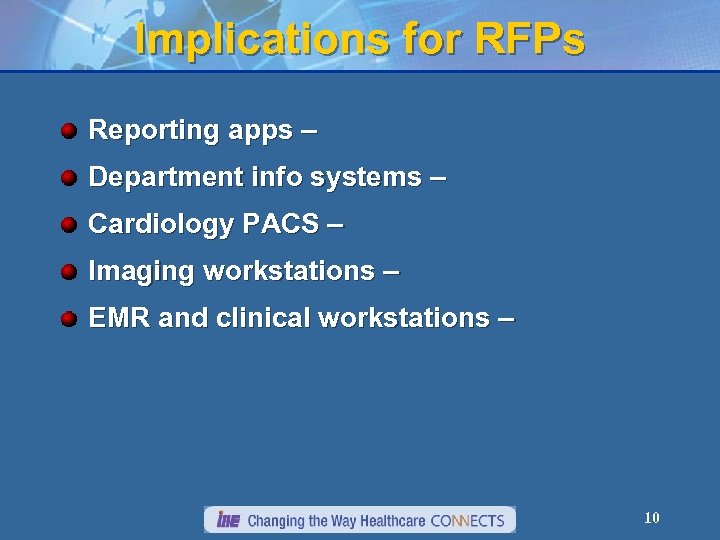 Implications for RFPs Reporting apps – Department info systems – Cardiology PACS – Imaging