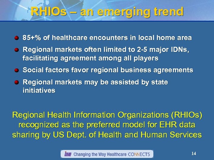 RHIOs – an emerging trend 85+% of healthcare encounters in local home area Regional