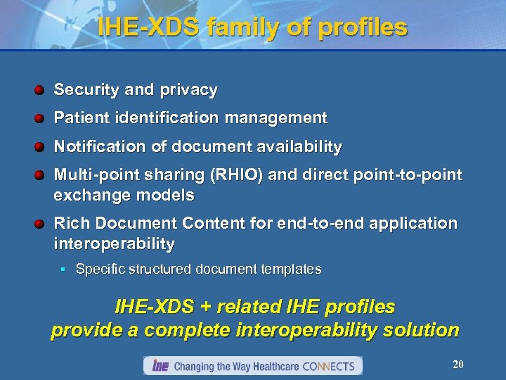 IHE-XDS family of profiles Security and privacy Patient identification management Notification of document availability