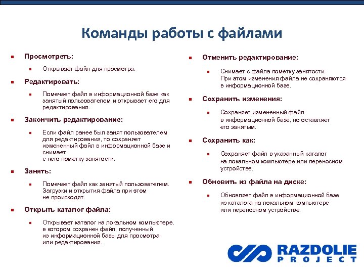 Команды работы с файлами Просмотреть: Открывает файл для просмотра. Отменить редактирование: Редактировать: Помечает файл