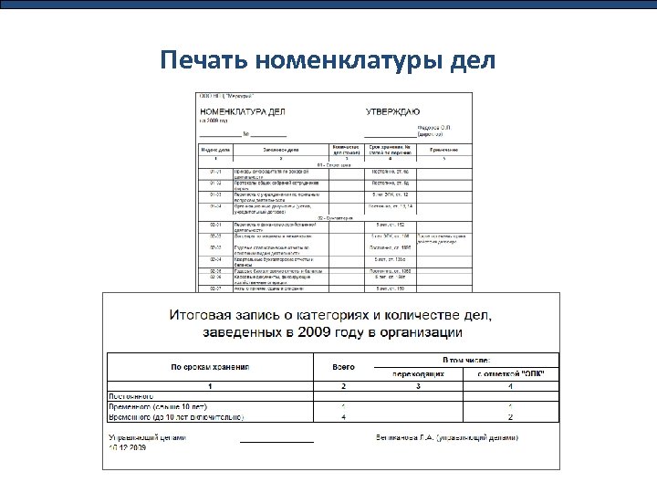 Печать номенклатуры дел 