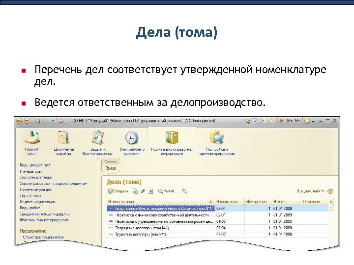 Дела (тома) Перечень дел соответствует утвержденной номенклатуре дел. Ведется ответственным за делопроизводство. • Предусмотрены