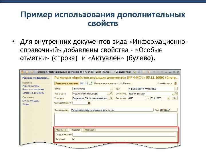 Пример использования дополнительных свойств • Для внутренних документов вида «Информационносправочный» добавлены свойства – «Особые