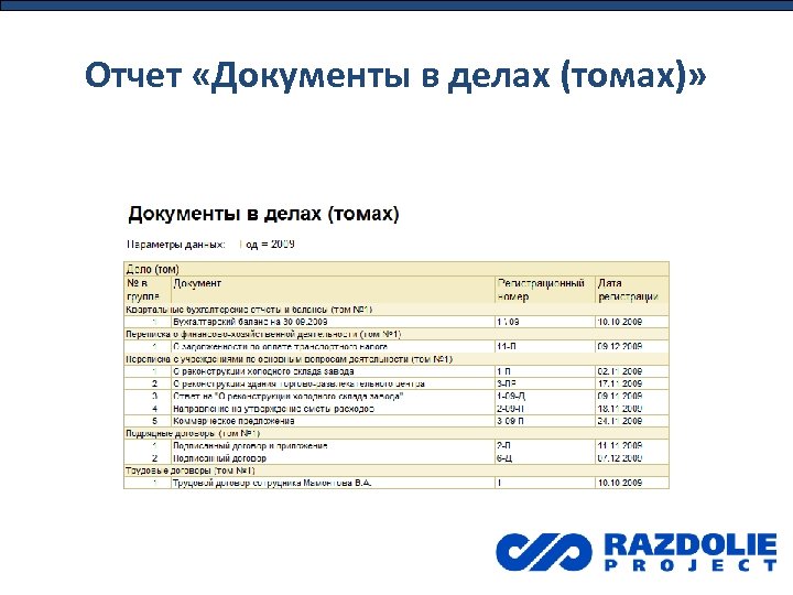 Отчет «Документы в делах (томах)» 