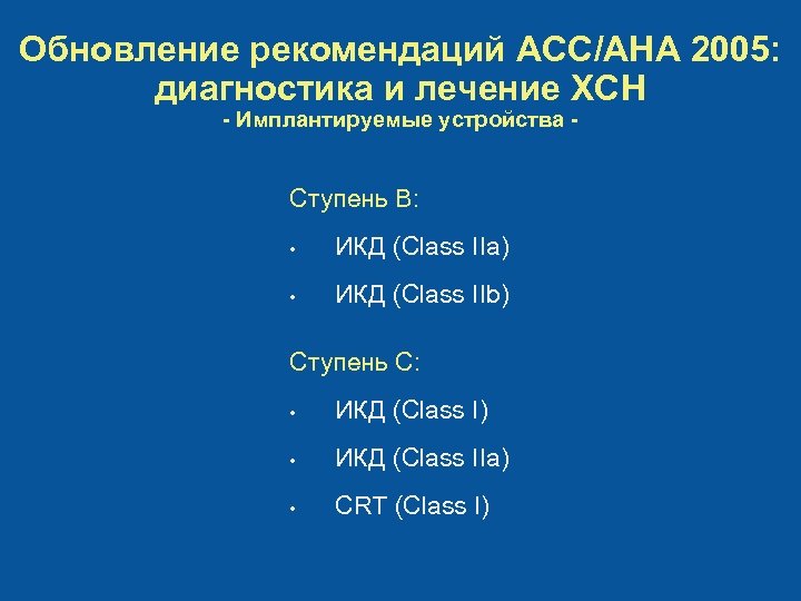 Обновление рекомендаций ACC/AHA 2005: диагностика и лечение ХСН - Имплантируемые устройства - Ступень B:
