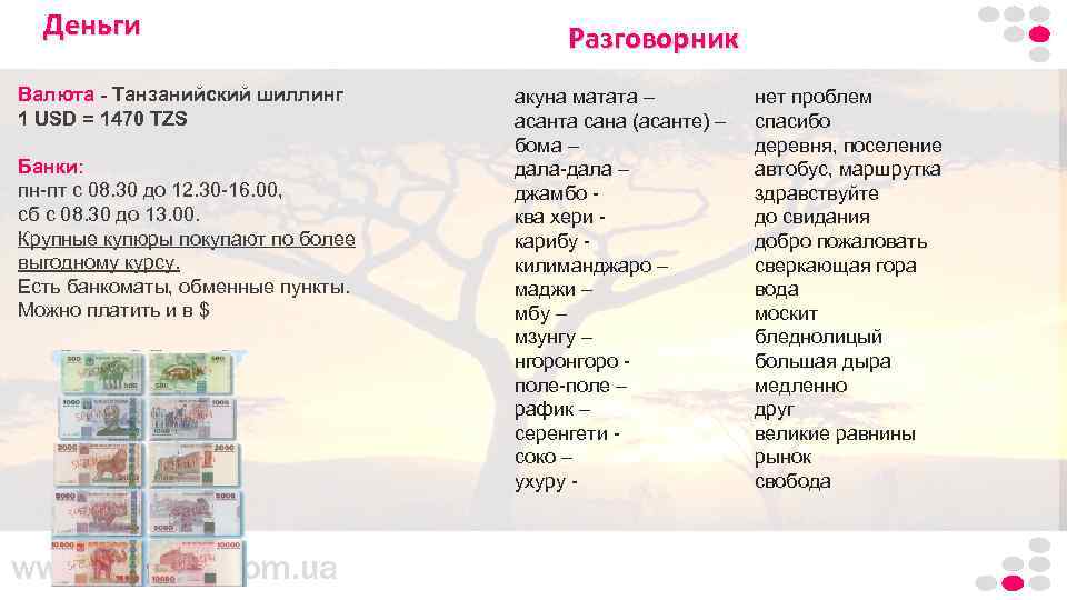 Деньги Танзания. Килиманджаро. Валюта - Танзанийский шиллинг 1 USD = 1470 TZS Банки: пн-пт