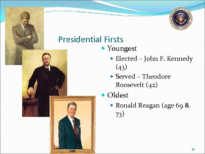 Presidential Firsts Youngest Elected – John F. Kennedy (43) Served – Theodore Roosevelt (42)