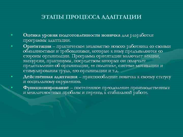 ЭТАПЫ ПРОЦЕССА АДАПТАЦИИ • • Оценка уровня подготовленности новичка для разработки программы адаптации. Ориентация