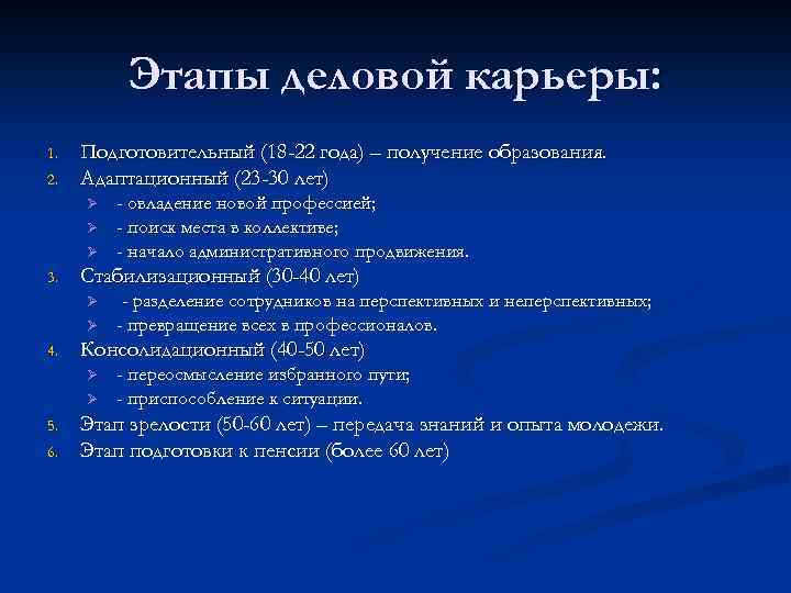 Этапы деловой карьеры: 1. 2. Подготовительный (18 -22 года) – получение образования. Адаптационный (23