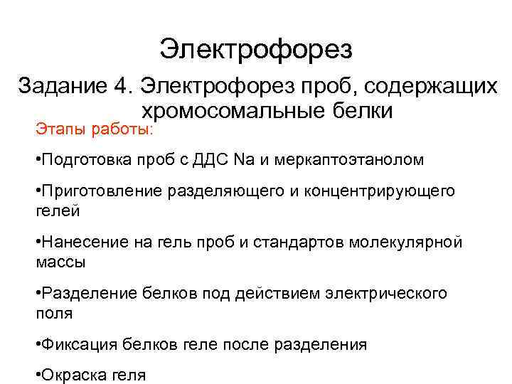 Электрофорез Задание 4. Электрофорез проб, содержащих хромосомальные белки Этапы работы: • Подготовка проб с
