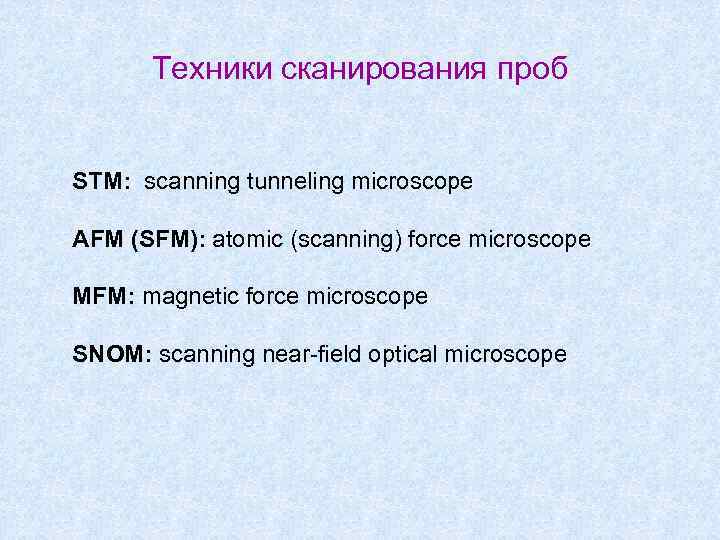 Техники сканирования проб STM: scanning tunneling microscope AFM (SFM): atomic (scanning) force microscope MFM: