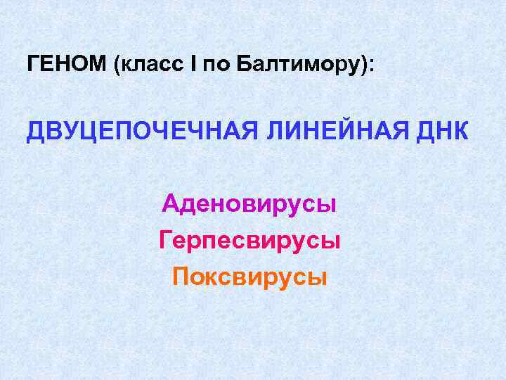 ГЕНОМ (класс I по Балтимору): ДВУЦЕПОЧЕЧНАЯ ЛИНЕЙНАЯ ДНК Аденовирусы Герпесвирусы Поксвирусы 
