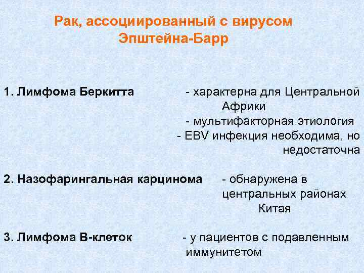 Рак, ассоциированный с вирусом Эпштейна-Барр 1. Лимфома Беркитта - характерна для Центральной Африки -