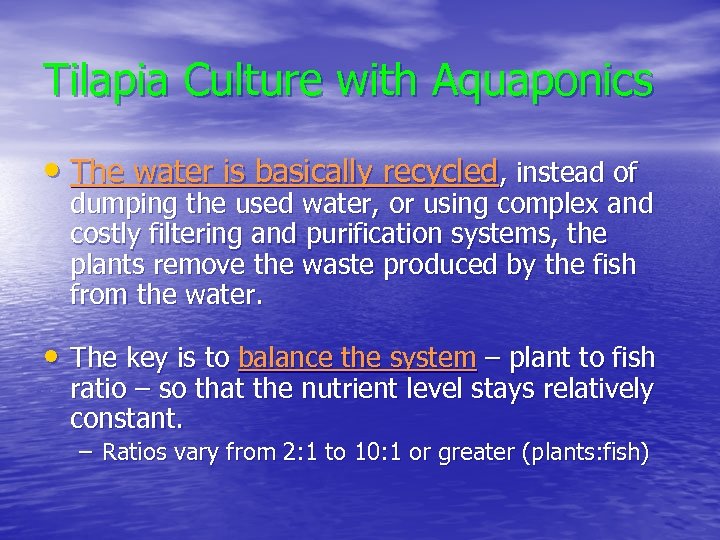 Tilapia Culture with Aquaponics • The water is basically recycled, instead of dumping the