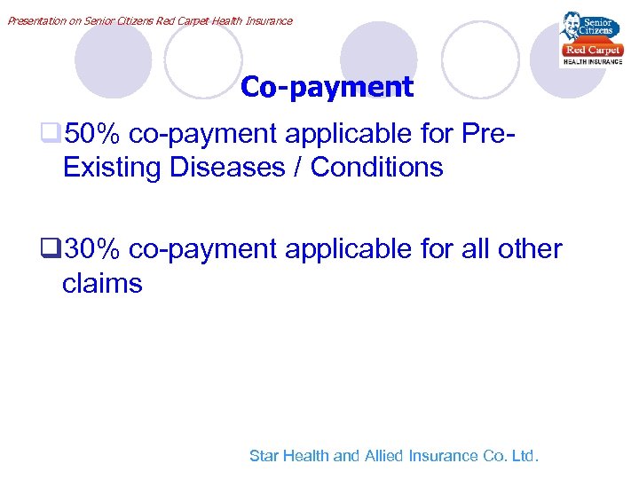 Presentation on Senior Citizens Red Carpet Health Insurance Co-payment 50% co-payment applicable for Pre.