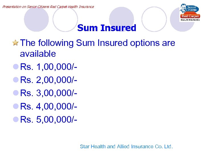 Presentation on Senior Citizens Red Carpet Health Insurance Sum Insured The following Sum Insured