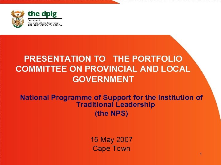 PRESENTATION TO THE PORTFOLIO COMMITTEE ON PROVINCIAL AND LOCAL GOVERNMENT National Programme of Support