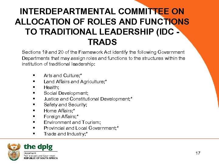 INTERDEPARTMENTAL COMMITTEE ON ALLOCATION OF ROLES AND FUNCTIONS TO TRADITIONAL LEADERSHIP (IDC TRADS Sections