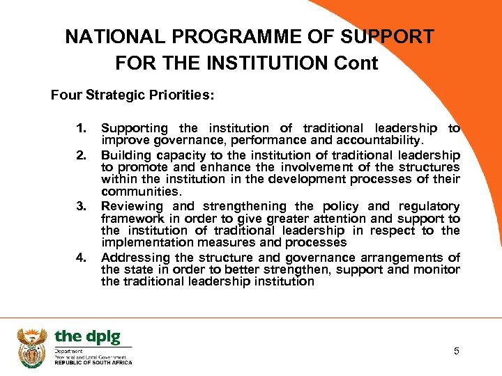 NATIONAL PROGRAMME OF SUPPORT FOR THE INSTITUTION Cont Four Strategic Priorities: 1. 2. 3.