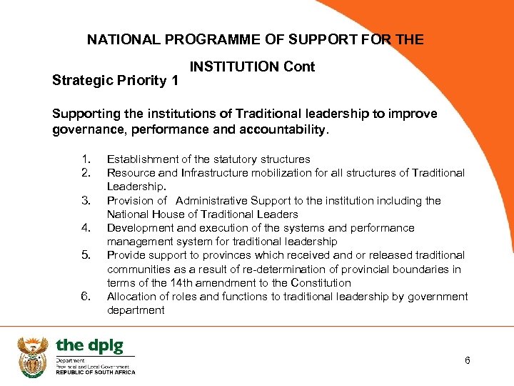 NATIONAL PROGRAMME OF SUPPORT FOR THE Strategic Priority 1 INSTITUTION Cont Supporting the institutions