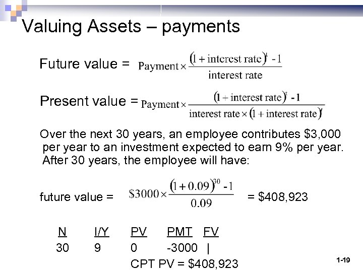 Valuing Assets – payments Future value = Present value = Over the next 30