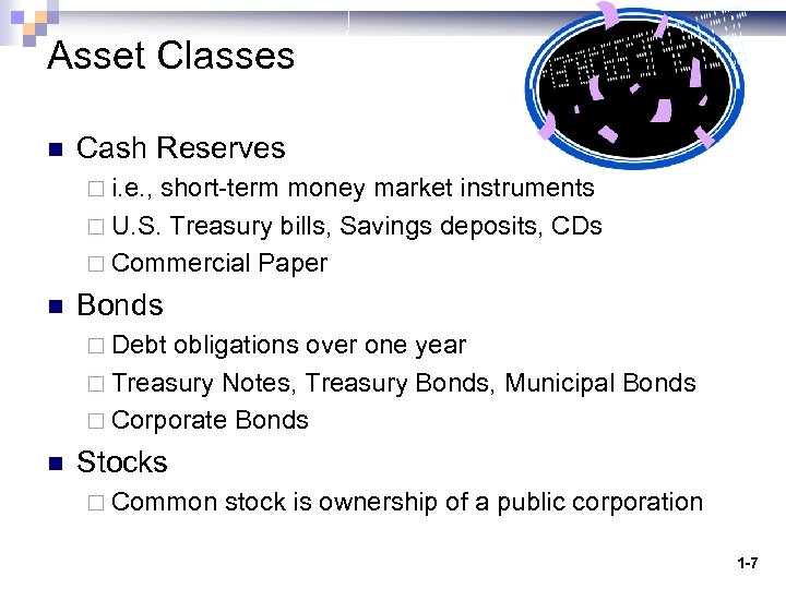 Asset Classes n Cash Reserves ¨ i. e. , short-term money market instruments ¨