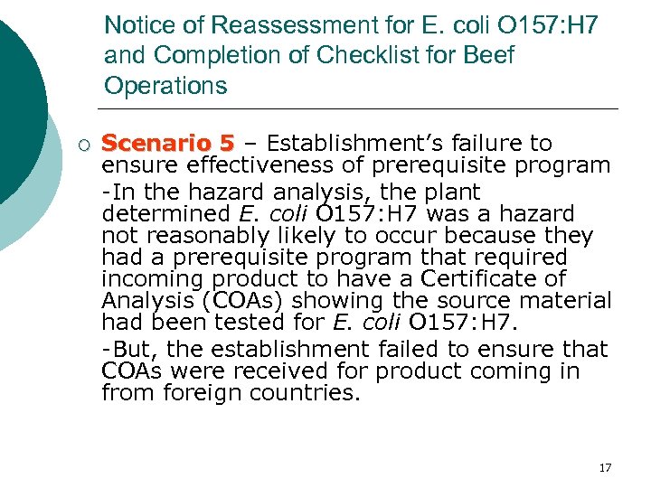 Notice of Reassessment for E. coli O 157: H 7 and Completion of Checklist