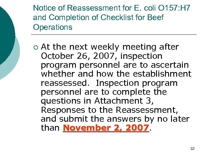Notice of Reassessment for E. coli O 157: H 7 and Completion of Checklist