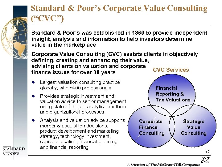 Standard & Poor’s Corporate Value Consulting (“CVC”) Standard & Poor’s was established in 1860