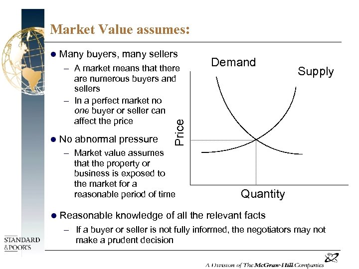 Market Value assumes: l Many buyers, many sellers l No abnormal pressure – Market
