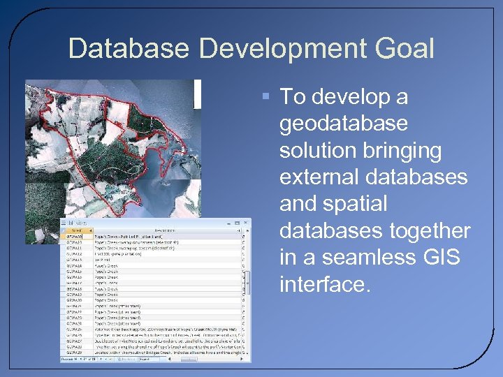 Database Development Goal § To develop a geodatabase solution bringing external databases and spatial