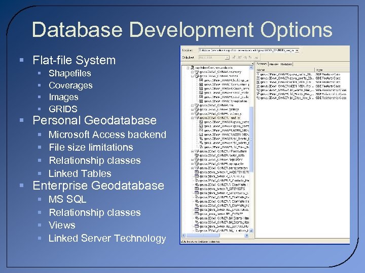 Database Development Options § Flat-file System § § Shapefiles Coverages Images GRIDS § §