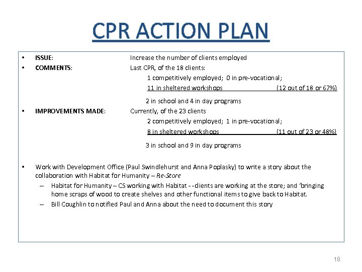 CPR ACTION PLAN • ISSUE: Increase the number of clients employed • COMMENTS: Last