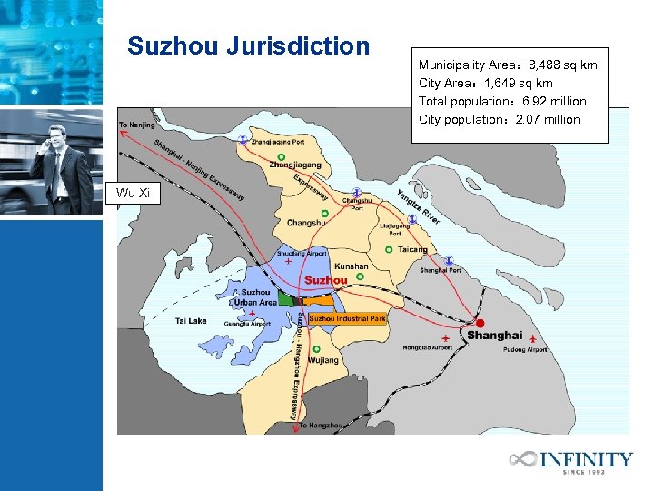 Suzhou Jurisdiction Wu Xi Municipality Area： 8, 488 sq km City Area： 1, 649