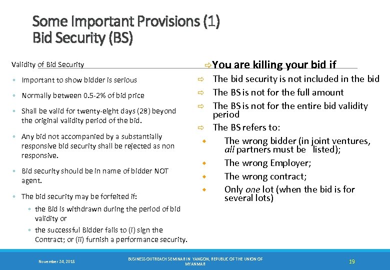 Some Important Provisions (1) Bid Security (BS) ðYou are killing your bid if Validity