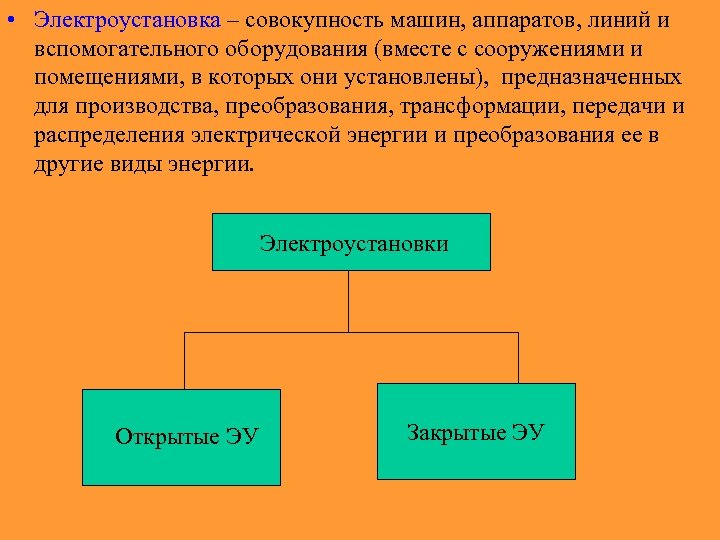  • Электроустановка – совокупность машин, аппаратов, линий и вспомогательного оборудования (вместе с сооружениями